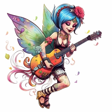 a fairy dressed as a extreme punk, big beautiful wings, playing electric guitar, tattoo's, smiling, full body image, pixar style, clipart