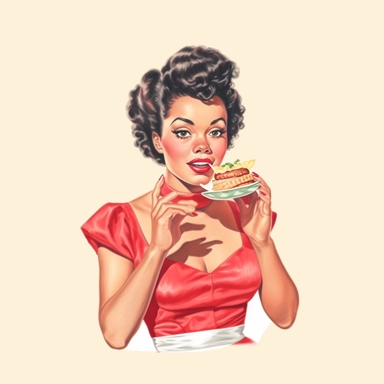 vintage 1950s illustration black woman eating Clipart, on a white background, vintage aesthetic, character focus, 4K resolution, no background, realistic rendering, use using Cinema 4D