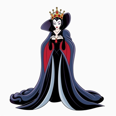 2d thick-lined clipart illustration of an evil but beautiful countess, in the style of 1959's sleeping beauty movie, white background