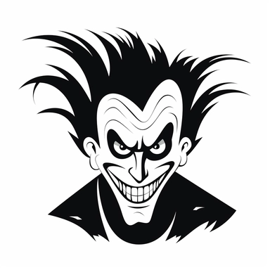 black and white silhouette of a scary cartoon halloween clown, clipart style, white background, thick lines, vector, simple design, flat colour, solid colour, halloweencore
