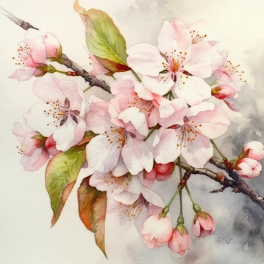 watercolour painting cherry blossom flowers close up clip art prunus cherry tree detailed flowers detailed bark and branches clipart on white background