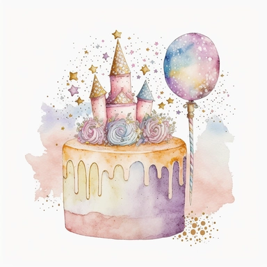 Birthday Day clipart, fairy tale, love, pastel colors, gift, aesthetic, watercolor, glitter, on isolated clean Vivid white background ,No paper texture