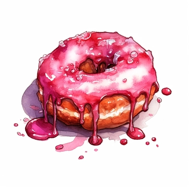 a raspberry powder Donut in the style of watercolour clipart with detailed brush strokes