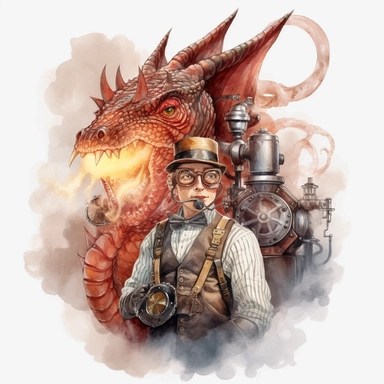 Create a realistic watercolor portrait of a steampunk circus master wearing a gas mask and goggles, standing in front of a mesmerizing mechanical fire-breathing dragon, transparent background, clipart, clear outlines