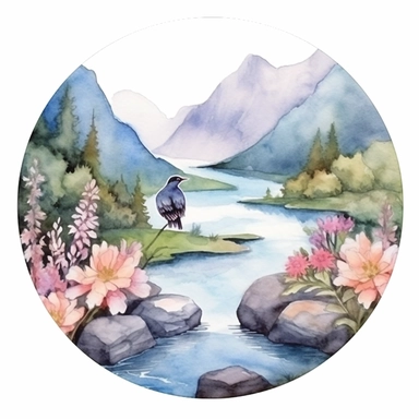Watercolor , A pillow shaped mountain ridge and a circular pond, A bird's-eve viewaerialview , Clipart on the background of blooming flowers.