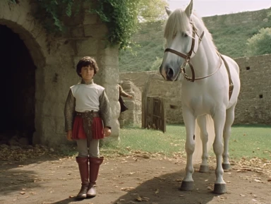 arthur as a young squire is walking next to a white horse, medieval clothing, vhs clip of 1981 movie the grail, in the style of home video, thumbnail