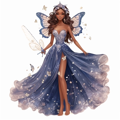 glitter hand illustrated barbie inspirred brown skin fairy floral accents navy blue and sparkly sequins accented gown semi transparent flowy dress pretty wings hyper realistic watercolor smiling lips big eyes pretty fairy no background clipart style full body jewels gemstones sparkly diva with crown intricate details