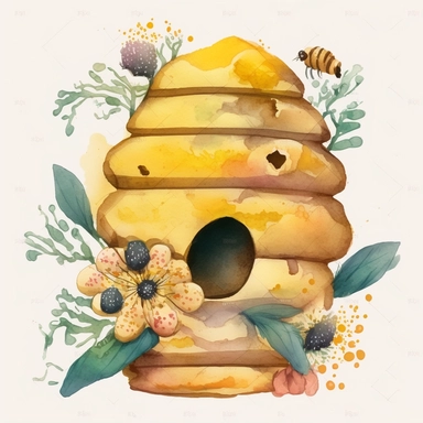 Imagine a charming watercolor clipart that depicts a bee house nestled in a blooming garden. The artwork showcases a whimsical bee house, painted with vibrant and earthy watercolor strokes. The house is adorned with intricate details, such as delicate windows, a welcoming entrance, and a pitched roof, all capturing the charm and cozy atmosphere of a bee's sanctuary. The surrounding garden is filled with an array of colorful flowers, carefully painted with soft watercolor hues, providing a pictur