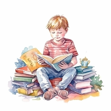 beautiful watercolor clipart of young child reading books, fun pastel hues, compositions on an isolated white background. Bright illustration, highly detailed
