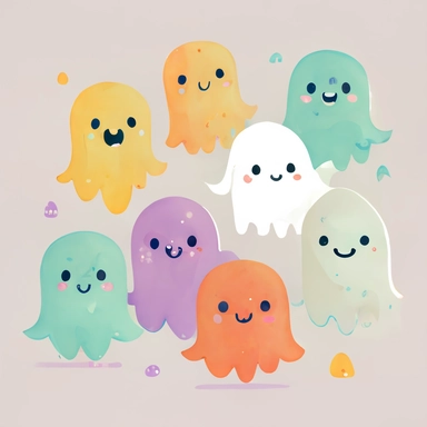 flat clipart single color background happy ghosts cute no watermarks