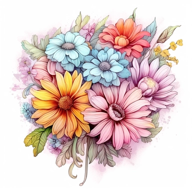 bouquet of flowers color pencil sketch on a white background for clipart