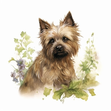 botanical watercolor clipart, Cairn Terrier, isolated on white background, Margaret Mee, Pierre-Joseph Redouté, Sydney Parkinson, 8k