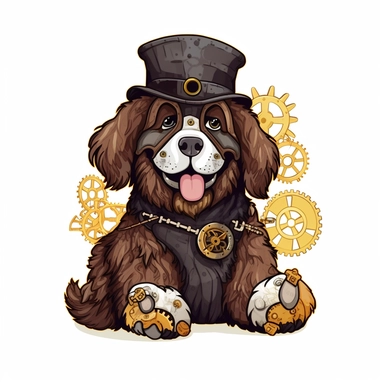 friendly and happy newfoundland dog, with cute eyes, in the style of steampunk, clipart, white background, lots of cogs,