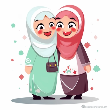 2 friends celebrate Eid, clipart, cartoon, high contrast, vector illustration, media intrusion art, animated gifs, White background