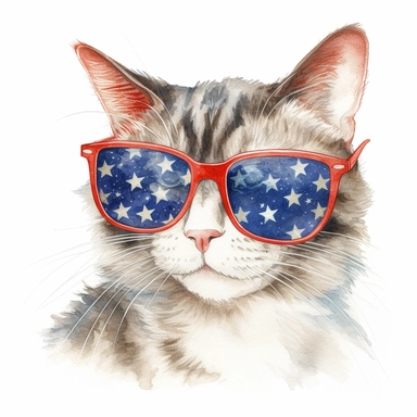 Cat in stars and stripes sunglasses , beautiful, realistic, colored pencil and watercolor, white background, clipart, illustration, comic, magic