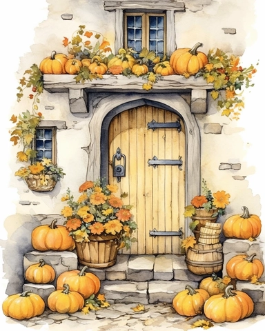Whimsical watercolour clip art English cottage door, pumpkins, Yellow rose