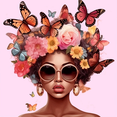 beautiful and chic African woman clipart, Independence Day, Black Girl Magic, Black Queen, with beautiful butterflies, and flowers, wearing beautiful sunglasses, 8k,v5