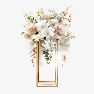 watercolour beautiful realistic white real floral wedding flower spray on gold rectangle tall frame stand realistic elegant wedding floral display stand with white glitter wedding flowers ,clip art graphics , PNG image,transparent background ,ultra highly detailed, 18k, sharp focus, bright photo with vibrant colours, digitally enhanced,photographic, enhanced graphics, png format, straight, sharp focus, bright lighting, intricate detailed png image ,high definition,300dpi,graphic clipart,computer