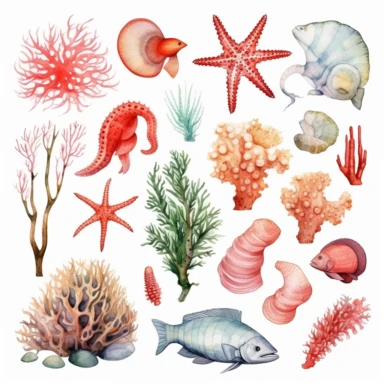 Ocean Life: Detailed watercolor illustrations of sea creatures, such as fish, seashells, starfish, and coral, bringing the underwater world to life. clipart, white background