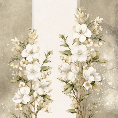scrapbook paper template, intricate three small bouquets of white floral watercolor clipart on the borders on paper, luxurious textures, nature-inspired pieces, very high resolution
