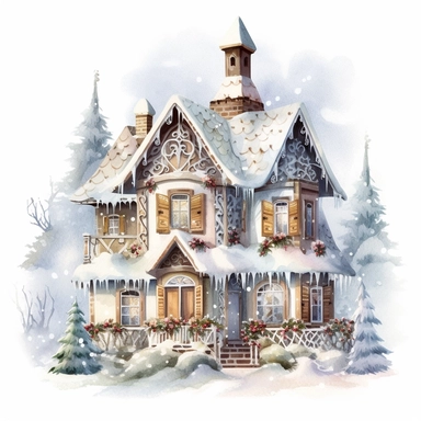 stunning gingerbread house in snow, soft faded colors, Christmas clipart by Thomas Kinkade, Marjolein bastin
