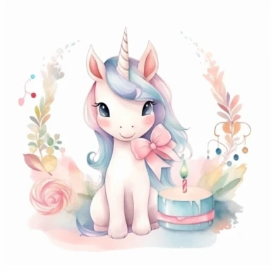 Name plate ribbon for text, cute unicorn birthday invite, kawaii style, watercolour clipart, pure white background