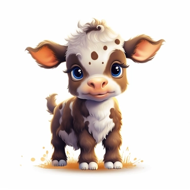 baby cow cute sublimation clipart isolated, gentle expressins, meticulously detailed, iconic, playful expressions, charming characters, white background, full body and full view