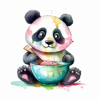 cute smiling watercolor panda holding food, white background, clipart, 8k resolution, high saturation, juicy colors, unreal engine