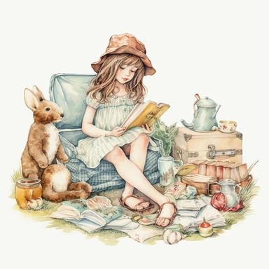 watercolor, hyper realistic, white background, white margins, 16k, ultra detailed clipart, cut out image, hand-drawn, whimsical a vintage child (40s) sitting on a vintage picnic blanket, enjoying a tea party with stuffed animals and a doll. Soft and muted tones, such as dusty rose, sage green, and pale yellow. Ultra HD, sharp line