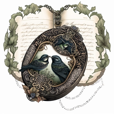 highly detailed and intricate watercolor of old, ornate locket lying open on a vintage handwritten letter. The locket is made of aged, tarnished silver and is engraved with intricate ivy patterns. Inside the locket are two portraits - one of a beautiful, melancholy woman with raven-black hair and the other of a serious, haunted-looking man. Clipart, white background