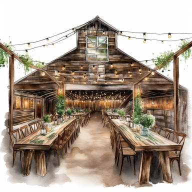 watercolor, hyper realistic, white background with margins, 8k, ultra detailed clipart wedding a rustic barn venue with string lights, wooden tables, and chairs., brown and green, cut out image