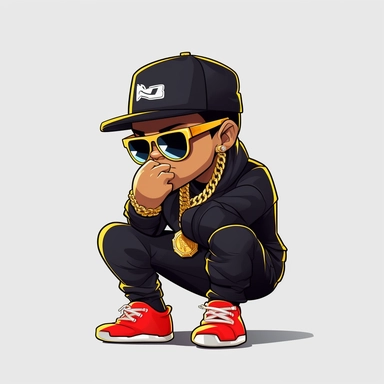 convert into dope boy mascot guy, crouched position, gold watch, gold chain necklace, square black sunglass rings, Jordan 1’s sneakers, cartoon, flat, clipart, high quality, 4k 8k
