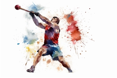 Watercolor, Design an action shot of a hammer thrower releasing the hammer with great force clipart, hd, on a white background, spaced out