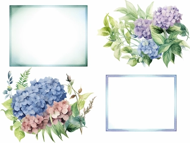 Rectangular frame with decorative floral clipart in four corners, green and hydrangea, light purple and light blue, watercolour floral corner frame decorative border, minimalist set, Konica Big Mini
