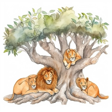 a lion family sleeping under a tree, clipart, watercolor, white background