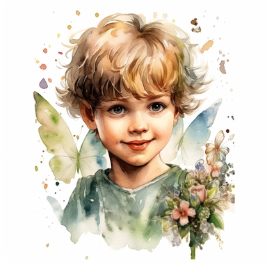 beautiful fairy boy Birthday portrait, illustration clipart, high detailed, white background, digital art, watercolor, hd