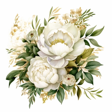 white background, clipart, florals, blooms, peonies, roses, green and cream with gold foil leaves, watercolor, highly detailed