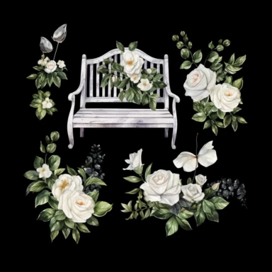 a set of unique EFFERVESCENT watercolor-style clip art images of white garden bench against a black background, The overall mood of the images should be a fantasy floral wonderland, with a focus on the beauty and fantasy of gardening and beauty, and the elegance of roses and whimsical designs. single design clip art, think French garden in the springtime, watercolor rose Garden Clipart, in the style of Leonid Afremov, each image must be on a white background with margins, each image must be sepa