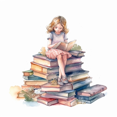 beautiful watercolor clipart of a young child reading with a stack of books, fun pastel hues, compositions on an isolated white background. Bright illustration, highly detailed