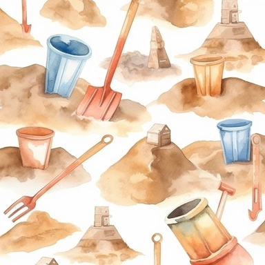 clip art pattern of sand castles, buckets and shovels in a watercolor style