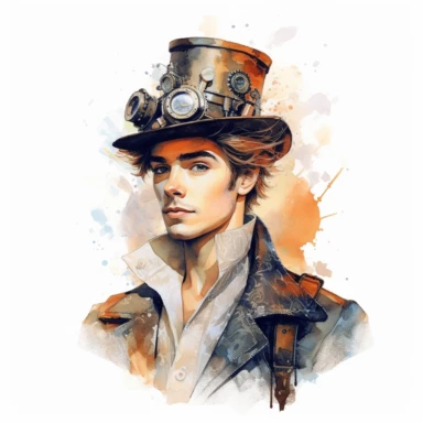 beautiful stunning handsome steampunk young man, paint art style, clipart, white background, superrealistic, one of a kind