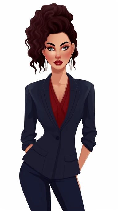 full-body perspective 2d lined clipart of a pretty woman wearing a navy skirt suit and matching shoes, business-like attire, white background,