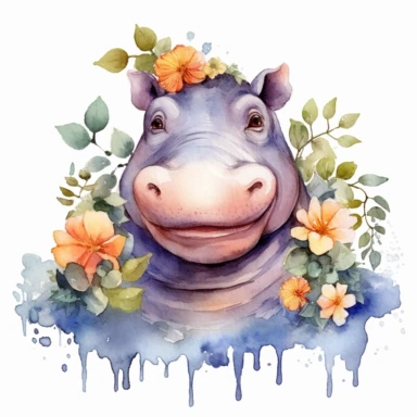 watercolor, hippo, flowers clipart