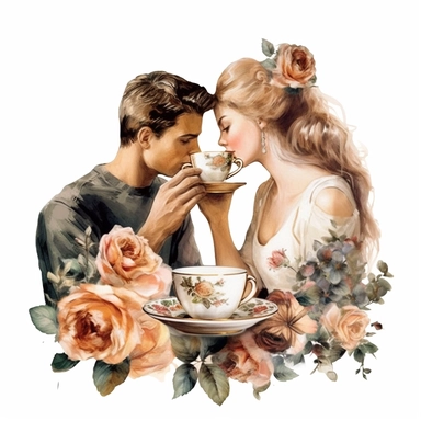 beauty couple drinking coffee, vintage cups, flower digital clipart on white background