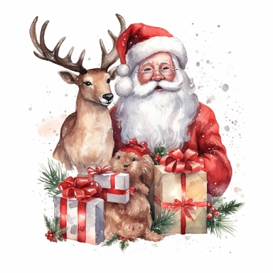 Clipart on White Backgraund Christmas Deer and Traditional Red Santa Claus with big gift boxses Water color