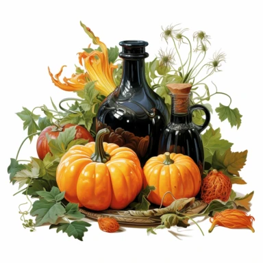 an svg vector clipart image of an oil painted Halloween still life, Thomas Kincade style, inside an organic shape, hyper realistic, vintage, plain white background