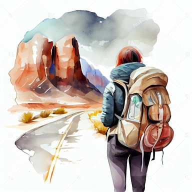 Beautiful travel themed design. Young girl with backpack looking at the landscape. Road illustration. Camping concept clipart. on a white background, watercolor, hyperrealism, high detail, separate elements, set