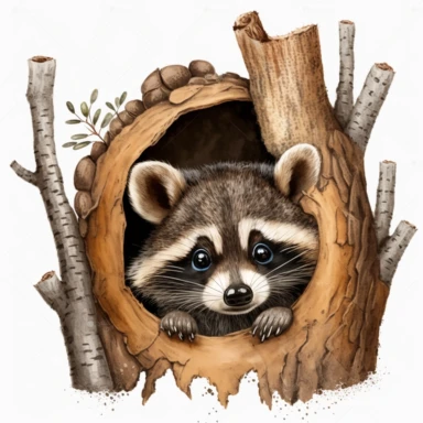 Adorable baby raccoon peeking out of a tree hollow clipart