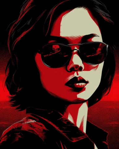 a newspaper clip art illustration with a red eye for an asian woman wearing black sunglasses, in the style of large-scale murals, dark palette chiaroscuro, movie poster, mori kei, captivating documentary photos