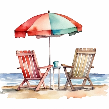clip art ,umbrella and beach chairs Watercolor,no background